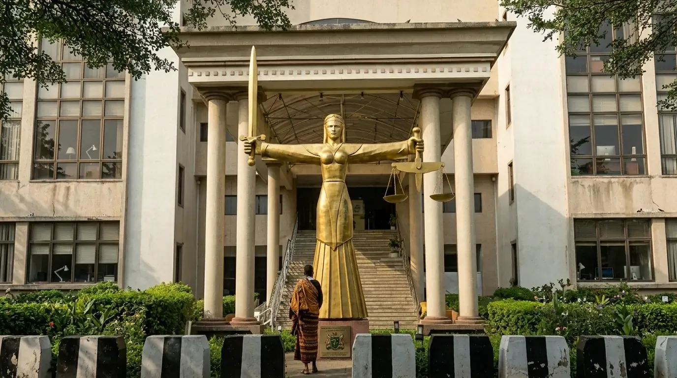 Nigerian courthouse façade with a golden Lady Justice statue